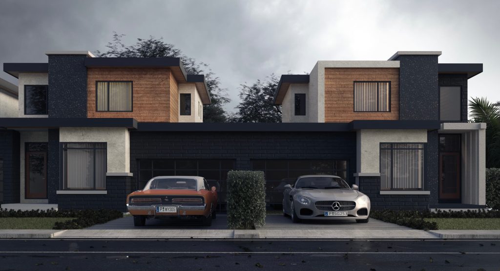 Cars parked in front of a modern duplex