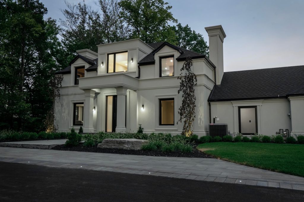 The view of a house from the driveway